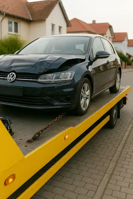 Ein defektes Auto wird zum Autoankauf in Wismar abgeschleppt, um umweltfreundlich recycelt zu werden.